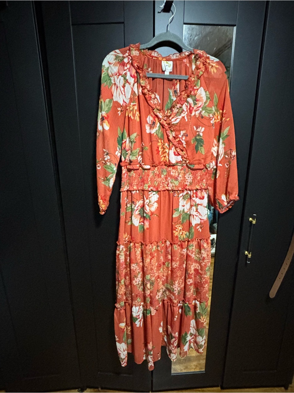 fig and flower Rust Floral Maxi Dress with Ruffle V-Neckline